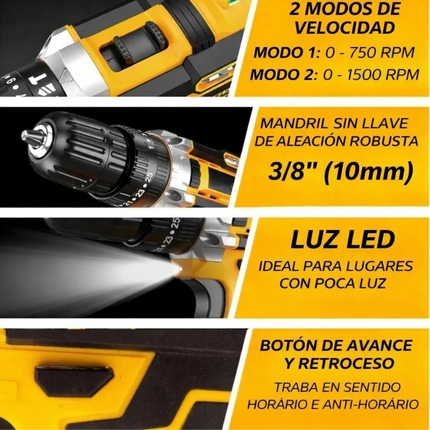 Kit de Taladro y Atornillador Inalámbrico MaxPro 48V Completo +REGALO: Maletín de Accesorios y 2 Baterías